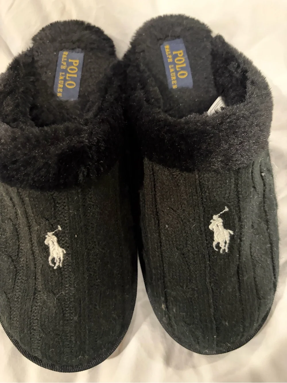 Polo by Ralph Lauren Kids Black Cable-Knit Logo Fleece Slippers